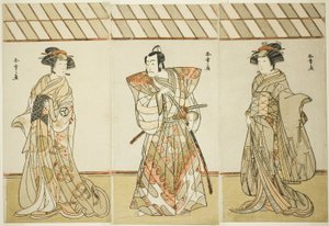 Aktorzy Onoe Tamizo I jako Nishikigi (?) lub Otae (?) (po prawej), Ichikawa Danjuro V jako Miura Heidayu Kunitae (?) (w środku) i Osagawa Tsuneyo II jako Oyuki (?) (po lewej), w Dacie odtwarzania Nishiki Tsui no Yumitori (?), Wystąpił w Teatrze Morita (?)  autorstwa Katsukawa Shunsho