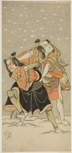 Aktorzy Otani Hiroji III jako Kameo (po prawej) i Sakata Sajuro I jako Ario (po lewej), w sztuce Hime Komatsu Ne no Hi Asobi, wystawionej w Teatrze Ichimura w dziewiątym miesiącu, 1768 autorstwa Katsukawa Shunsho