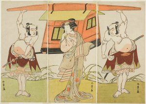 Aktorzy Otani Hiroji III jako Yokambei (po prawej), Nakamura Tomijuro I jako Kuzunoha (w środku) i Bando Mitsugoro I jako Yakambei (po lewej), w ostatniej scenie ze sztuki Shinodazuma (Żona z Lasu Shinoda), w wykonaniu jako dodatek do Play Kikyo-zom autorstwa Katsukawa Shunsho