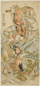 Aktorzy Sawamura Sojuro II jako chiński mędrzec Huangshi Gong (na koniu) i Ichikawa Danzo III jako chiński wojownik Zhang Liang (na smoku) w finale sztuki Otokoyama Yunzei Kurabe (Na górze Otoko, próba Siły w Rysunku autorstwa Katsukawa Shunsho