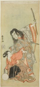Aktorzy Sawamura Sojuro II jako kapłan Shunkan i Azuma Tozo II jako Oyasu w sztuce „Hime Komatsu Ne no Hi Asobi (Wycieczka po sadzonki sosny w Dzień Szczura Nowego Roku)” autorstwa Katsukawa Shunsho
