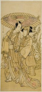 Aktorzy Segawa Kikunojo III (po prawej) jako Ochiyo i Bando Mitsugoro I (po lewej) jako warzywniak Hambei w sztuce Kabuki no Hana Bandai Soga, wystawionej w Teatrze Ichimura w czwartym miesiącu 1781 r. autorstwa Katsukawa Shunsho
