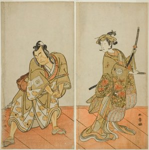 The Actors Segawa Kikunojo III as Aigo no Waka (right), and Ichikawa Yaozo II as Hachio-maru Aratora (left), in the Play Chigo Sakura Jusan Kane, Performed at the Ichimura Theater in the Eleventh Month, 1774 autorstwa Katsukawa Shunsho