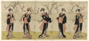 Aktorzy Segawa Kikunojo III jako Karigane Obun, Nakayama Tomisaburo I jako An no Oyasu, Iwai Kiyotaro II jako Kaminari no Osha, Nakayama Tatezo I jako Gokuin no Osen i Ichikawa Monnosuke II jako Hotei no Oichi (od prawej do lewej), w „Gonin Onna, scena pie autorstwa Katsukawa Shunsho