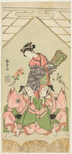 Aktorzy Segawa Kikunojo II jako mamka Reizei, Ichikawa Komazo I jako Suruga no Hachiro w przebraniu gracza Shamisen Kichiroku (po prawej) i Ichikawa Yaozo II jako Tada no Kurando w przebraniu Kichinai nosiciela palankinu ​​(po lewej), w scenie autorstwa Katsukawa Shunsho