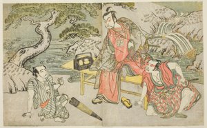Aktorzy Tomizawa Hanzaburo II jako Nagoya Sanzaemon (często nazywany Sanza) (po prawej), Nakamura Juzo II jako Fuwa Banzaemon (w środku) i Niezidentyfikowany Aktor jako Kieszonkowiec Matsumoto Daishichi (po lewej), w spektaklu Fuki Kaete Tsukimo Yoshiwara, autorstwa Katsukawa Shunsho