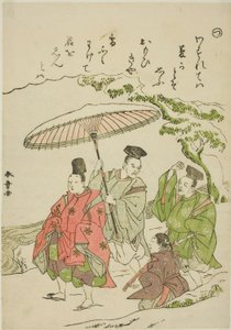 "Tsu": Narihira w śniegu w Ono, z serii "Opowieści o Ise w modnych obrazach brokatowych (Furyu nishiki-e Ise monogatari)" autorstwa Katsukawa Shunsho