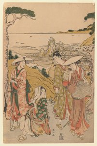 Grupa pielgrzymów z Yedo przed herbaciarnią na wzgórzach za plażą Futami podziwiających widok, 1795 (kolorowy drzeworyt)