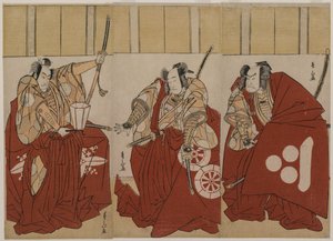 Ichikawa Monnosuke II jako Urabe Suetake, Onoe Matsusuke I jako Usui Sadamitsu i Nakamura Nakazo I jako Watanabe no Tsuna w Czterech Niebiańskich Królach przebranych za Nocną Straż