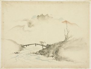Krajobraz z Farmer Crossing Bridge, 1615-1868 (tusz i kolor na papierze) autorstwa Katsushika (school of) Hokusai