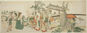 Grupa młodych kobiet wchodzących do ogrodu ogrodnika autorstwa Katsushika Hokusai