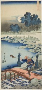 Chłop przechodzący przez most z cyklu Prawdziwe lustro chińskich i japońskich wierszy autorstwa Katsushika Hokusai
