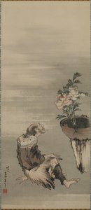 Siedzący mężczyzna patrzący na piwonie doniczkowe, okres Edo (tusz i kolor na papierze) autorstwa Katsushika Hokusai