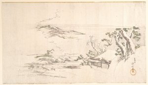 Pokryty śniegiem krajobraz z szarymi chmurami autorstwa Katsushika Hokusai
