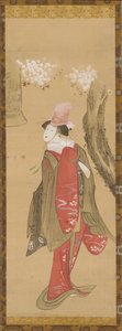 Tancerka Kiyohime, wiśnia i dzwon Dojo-ji, koniec XVIII-początek XIX wieku. autorstwa Katsushika Hokusai