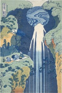 Wodospad Amida w oddali przy drodze Kiso, z serii „Podróż po wodospadach różnych prowincji” autorstwa Katsushika Hokusai