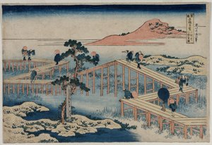 Antyczny obraz ośmioczęściowego mostu w prowincji Mikawa (z cyklu Ciekawe widoki słynnych mostów w prowincjach) autorstwa Katsushika Hokusai