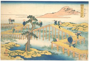 Starożytny widok mostu Yatsuhashi w prowincji Mikawa (Mikawa no Yatsuhashi no kozu), z serii „Niezwykłe widoki mostów w różnych prowincjach” (Shokoku meikyō kiran) autorstwa Katsushika Hokusai