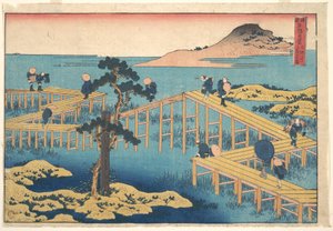 Starożytny widok mostu Yatsuhashi w prowincji Mikawa (Mikawa no Yatsuhashi no kozu), z serii „Niezwykłe widoki mostów w różnych prowincjach” (Shokoku meikyō kiran) autorstwa Katsushika Hokusai