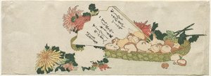 Kosz z Wachlarzem, Chryzantemami i Grzybami autorstwa Katsushika Hokusai