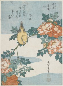 Wilga czarnowłosa i róża chińska, ok. 1930 r. 1833 autorstwa Katsushika Hokusai