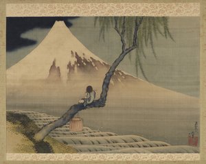 Chłopiec oglądający górę Fuji, 1839 (atrament i kolor na jedwabiu)
