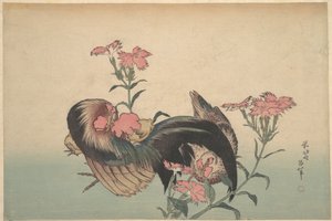 Kogut, Kura i Nadeshiko (Dianthus Superbus) autorstwa Katsushika Hokusai