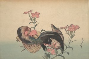 Kogut, Kura i Nadeshiko Dianthus Superbus. autorstwa Katsushika Hokusai