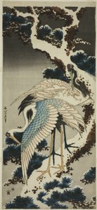 Żurawie na ośnieżonej sośnie autorstwa Katsushika Hokusai