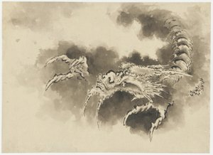 Smok wyłaniający się z chmur, okres Edo (tusz na papierze) autorstwa Katsushika Hokusai
