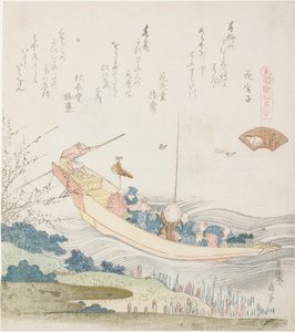 Prom na rzece Sumida, ilustracja do muszli stolicy (Miyako-gai), z serii „Gra w dopasowywanie z muszlami wierszy z okresu Genroku (Genroku kasen kai awase)” autorstwa Katsushika Hokusai