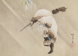 Rybak niosący sieć na śniegu, ok. 1821 (atrament, kolor i zabawa na papierze) autorstwa Katsushika Hokusai