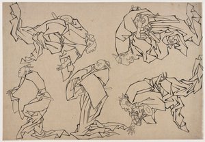 Pięciu muzyków grających na bębnach, koniec XVIII-początek XIX wieku. autorstwa Katsushika Hokusai