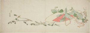 Kwiaty i wiosenne zielenie w kapeluszu autorstwa Katsushika Hokusai