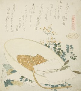 Świeżo zerwane kwiaty w kapeluszu podróżnika, ilustracja do Muszli tysiąca traw autorstwa Katsushika Hokusai