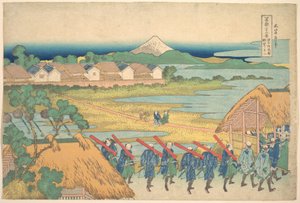 Góra Fuji widziana z daleka z dzielnicy rozrywkowej Senju (Senju kagai yori chōbō no Fuji), z cyklu „Trzydzieści sześć widoków góry Fuji” (Fugaku sanjūrokkei) autorstwa Katsushika Hokusai