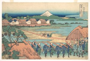 Góra Fuji widziana z daleka z dzielnicy rozrywkowej Senju (Senju kagai yori chōbō no Fuji), z cyklu „Trzydzieści sześć widoków góry Fuji” (Fugaku sanjūrokkei) autorstwa Katsushika Hokusai