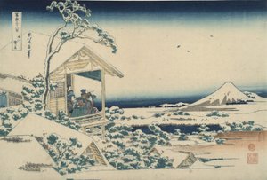 Góra Fuji widziana z Koishikawy w śnieżny poranek, z cyklu „Trzydzieści sześć widoków góry Fuji” autorstwa Katsushika Hokusai