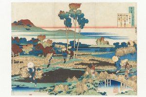 Wiersz cesarza Tenchi z cyklu „Sto wierszy stu poetów, wyjaśnionych przez nianię” autorstwa Katsushika Hokusai