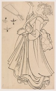 Dziewczyna bawiąca się bitewną i lotką, koniec XVIII-początek XIX wieku. autorstwa Katsushika Hokusai