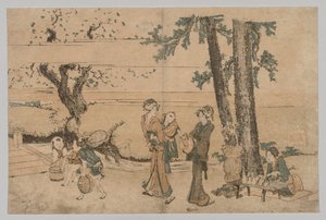Grupa postaci w pobliżu potoku autorstwa Katsushika Hokusai