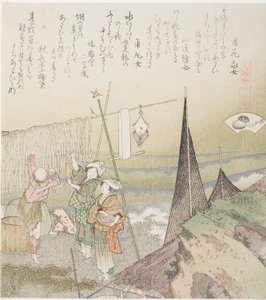 Hanging Abalone Out to Dry, ilustracja dla Abalone (Awabi), z serii „Gra w dopasowywanie z muszelkami wierszy z okresu Genroku (Genroku kasen kai awase)” autorstwa Katsushika Hokusai