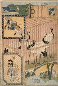 Japońska klatka i żurawie mandżurskie, z zestawu Reklama Giant Straw Works in a Fair Attraction autorstwa Katsushika Hokusai