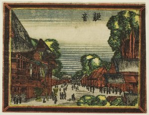 Świątynia Kannon (Kannon), z serii Obrazy w stylu holenderskim: Osiem widoków Edo (Oranda gakyo Edo hakkei) autorstwa Katsushika Hokusai