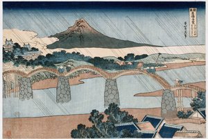Most Kintai, prowincja Suo, z cyklu „Cudowne widoki słynnych mostów we wszystkich prowincjach” autorstwa Katsushika Hokusai