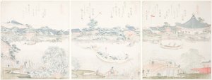 Hala Komagata i brzeg rzeki O-umaya z cyklu „Wybór koni (Uma zukushi)” autorstwa Katsushika Hokusai