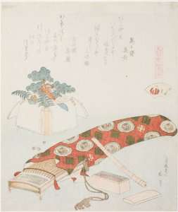 Koto i ofiara noworoczna, ilustracja do The Akoya Beach Shell (Akoyagai), z serii „Gra w dopasowywanie z muszelkami wierszy z okresu Genroku (Genroku kasen kai awase)” autorstwa Katsushika Hokusai