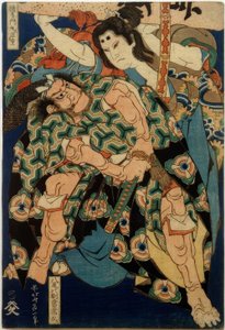Kusunoki Tamonmaru Masashige i Yao no bet z Tsunehisa autorstwa Katsushika Hokusai