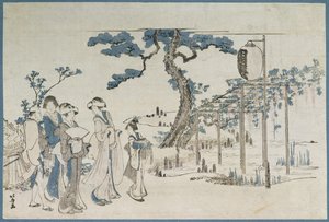 Panie odwiedzające ogrody Wisteria w Kameido (drewnodruk) autorstwa Katsushika Hokusai