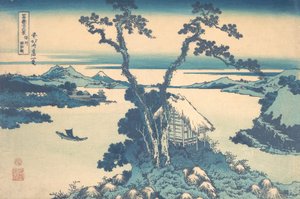 Jezioro Suwa w prowincji Shinano Shinshu Suwako, z cyklu Trzydzieści sześć widoków..., ca. 1830-32. autorstwa Katsushika Hokusai